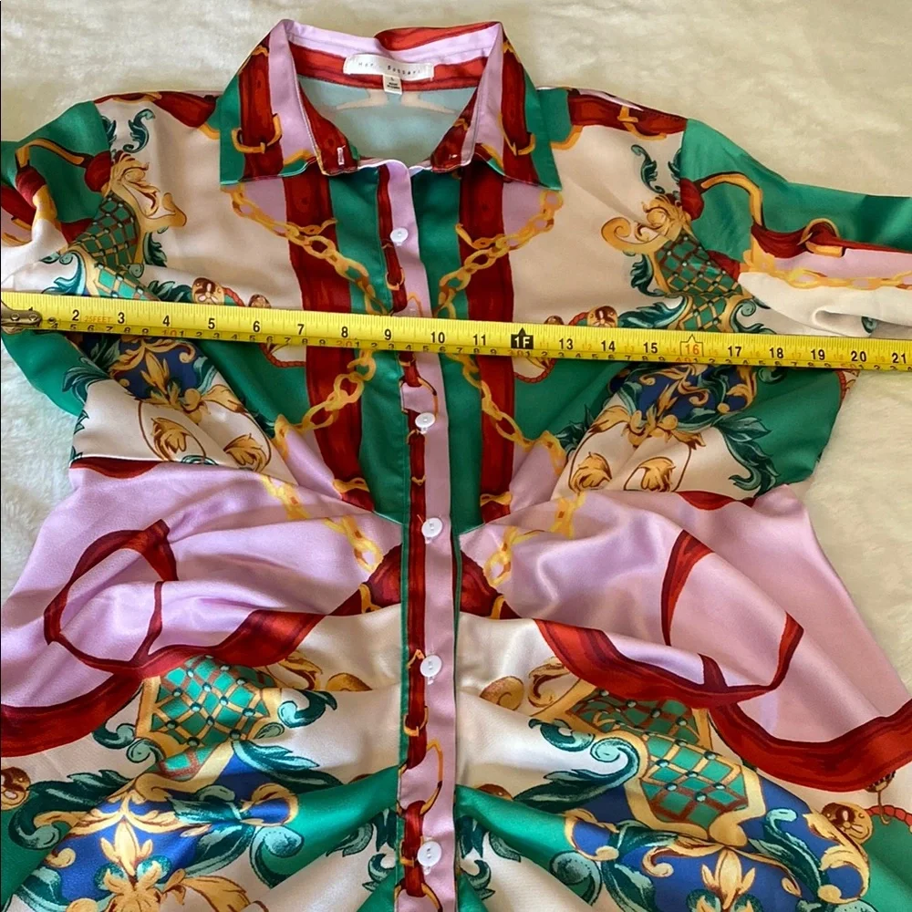 NWOT HER BOTTARI Vibrant Patterned Button-Up Shirt Dress Scarf Print Size L - Picture 10 of 16